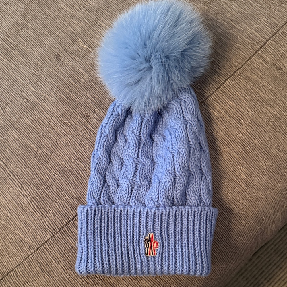 Moncler Light Blue Cable Knit Beanie with Pom-Pom